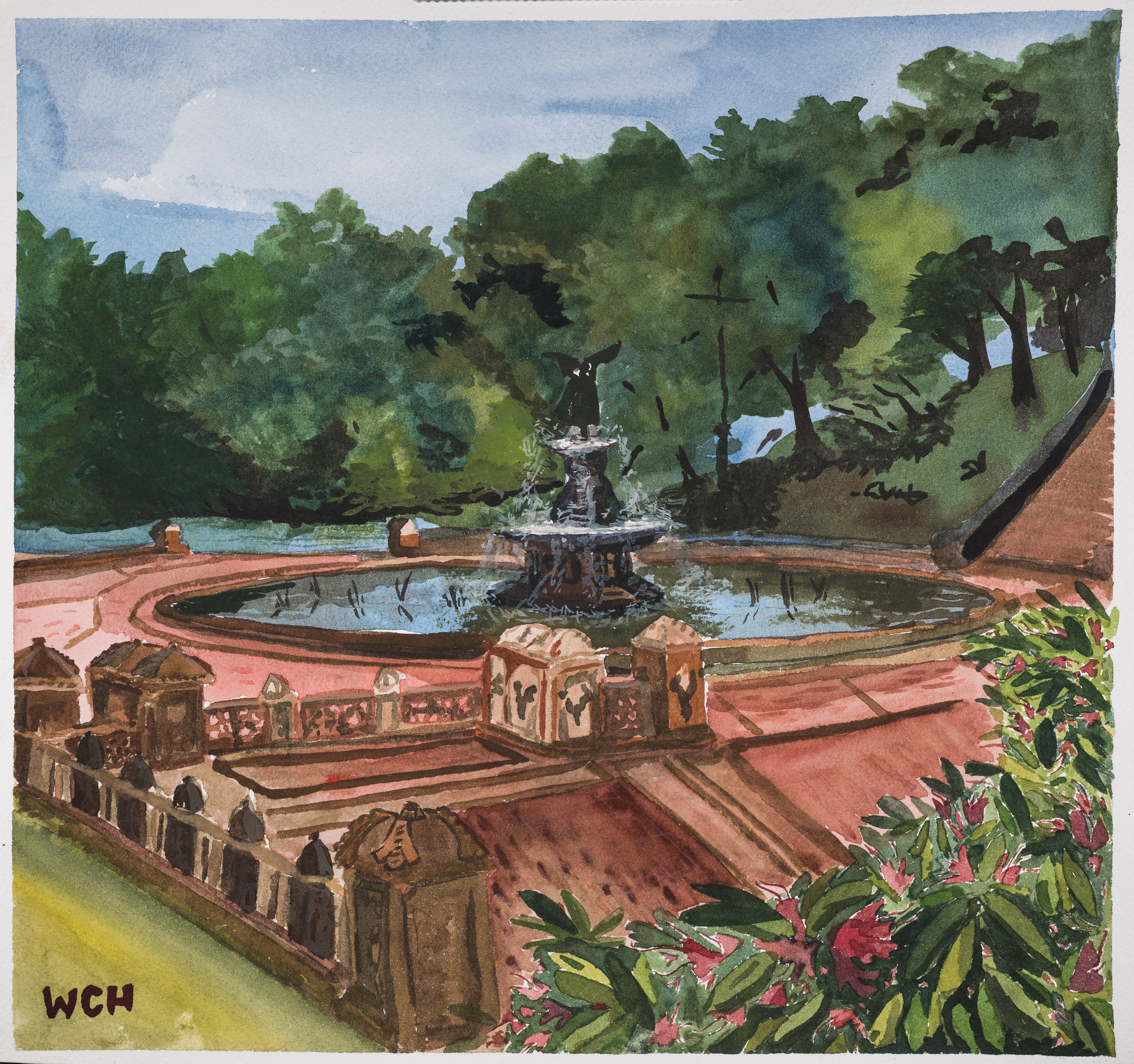 Watercolor painting of Bethesda Fountain in Central Park.