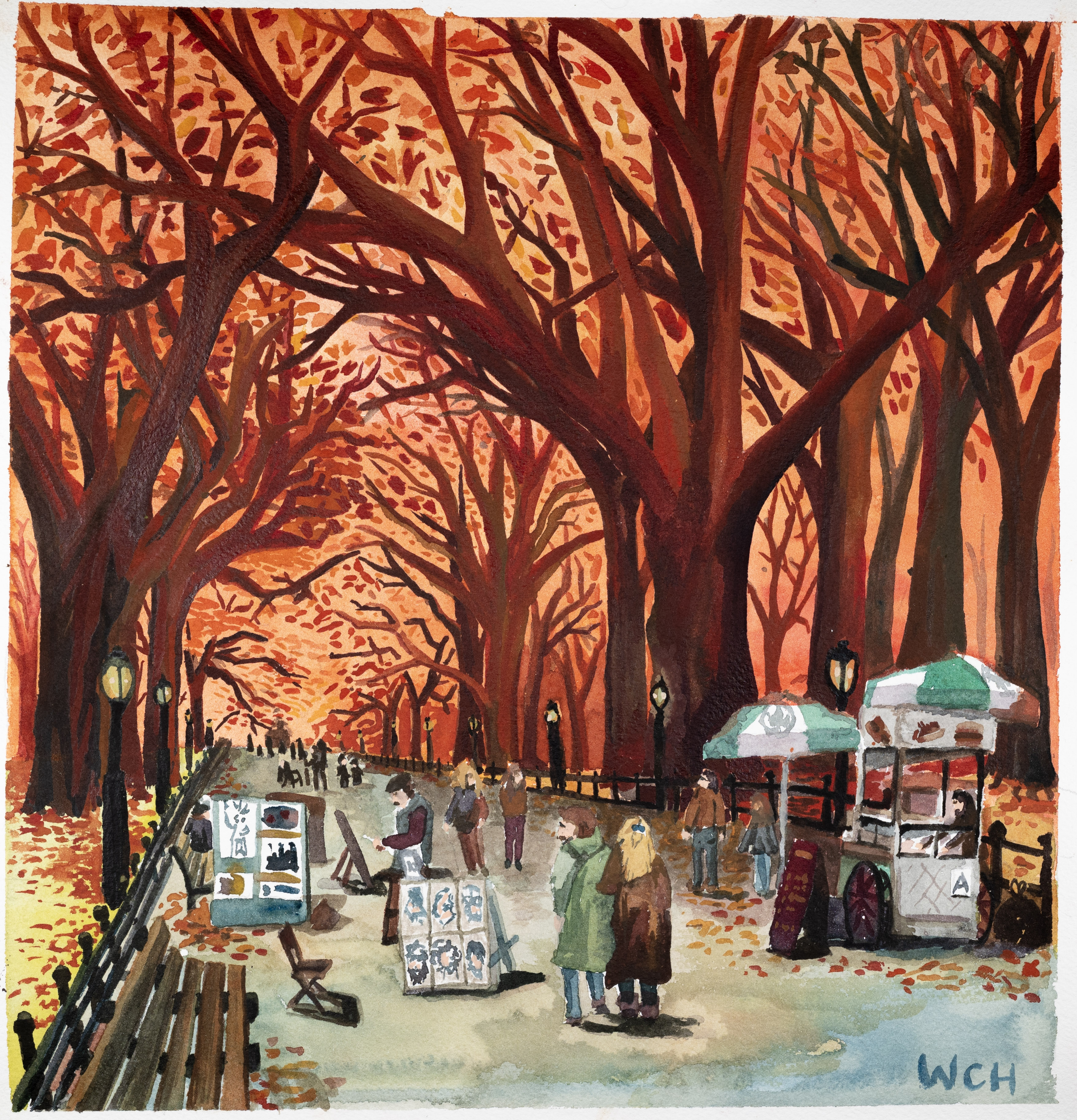 Watercolor painting of New York's Central Park in Autumn.
