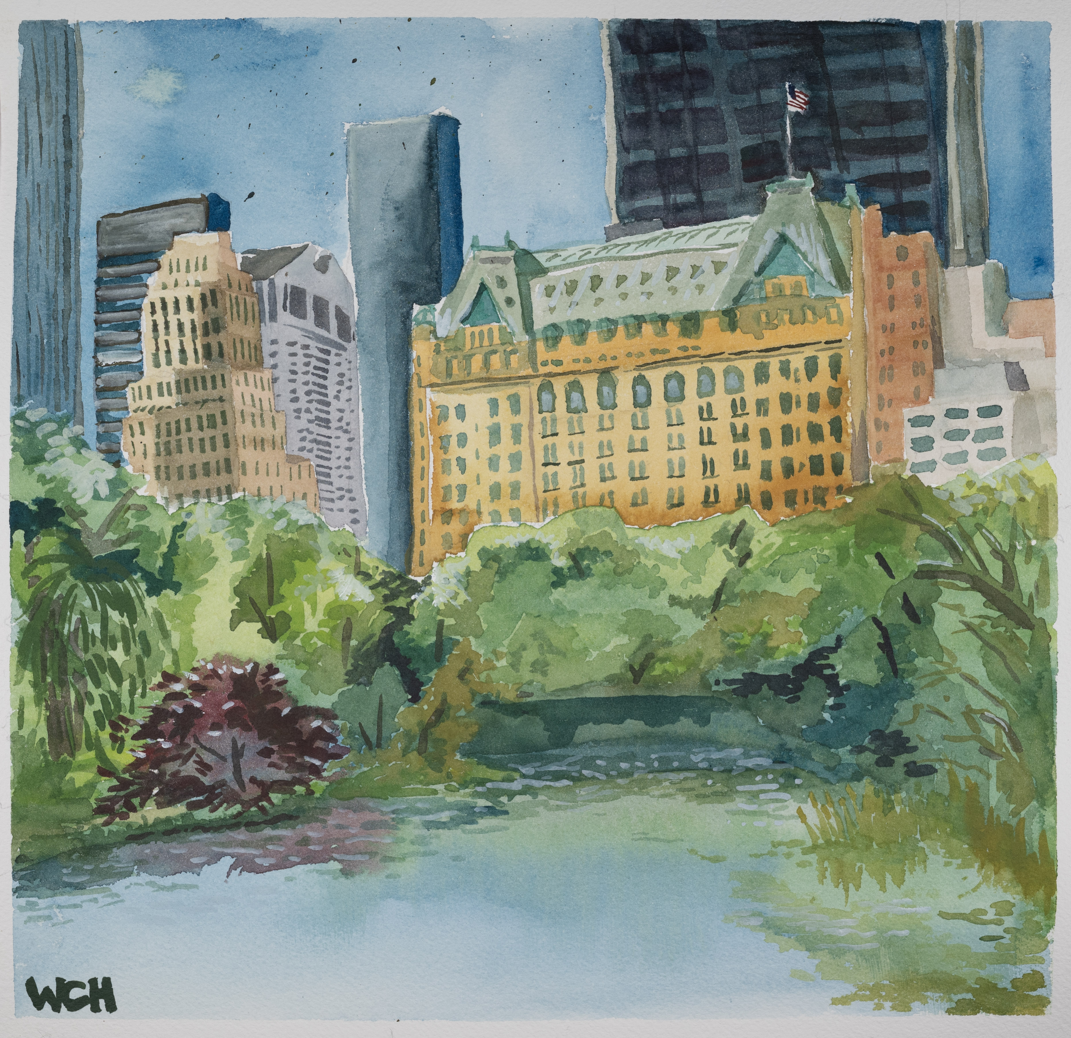 Watercolor painting of the Plaza Hotel as seen from lower Central Park.