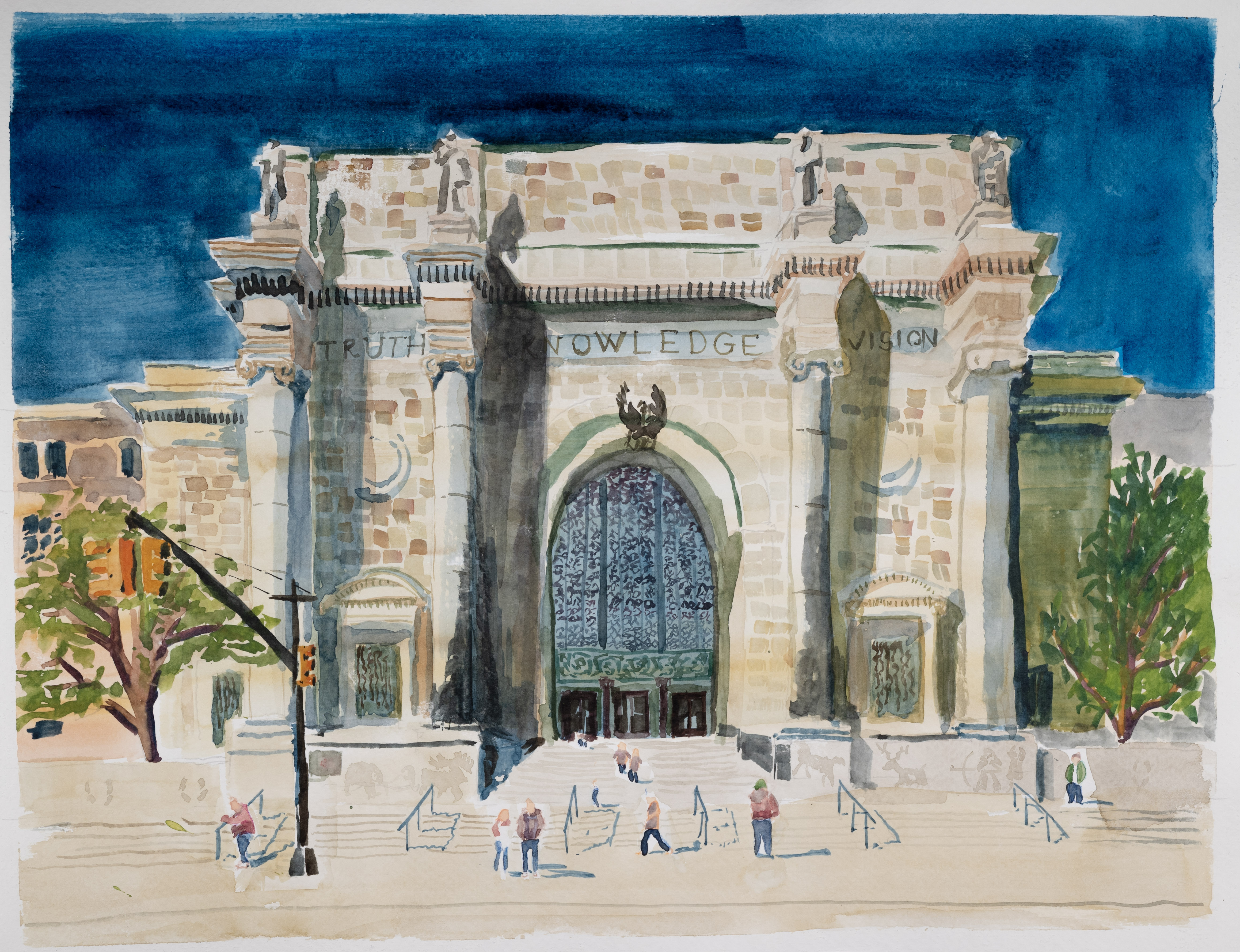 Watercolor painting of New York's Natural History Museum.