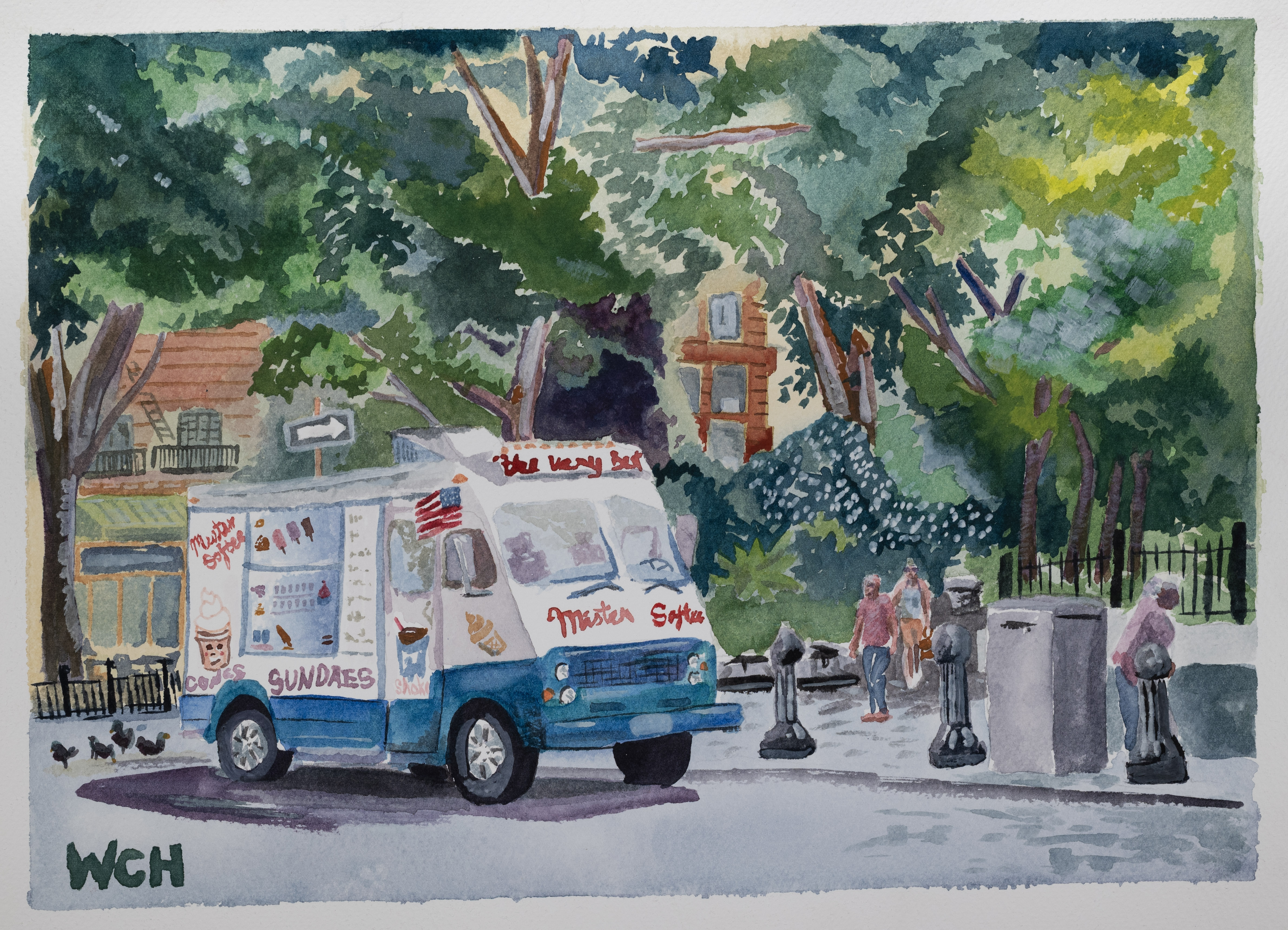 Watercolor painting of a Mister Softee truck in New York