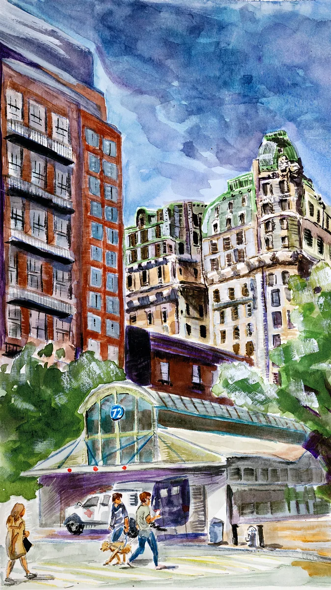 A watercolor painting of an Upper West Side intersection