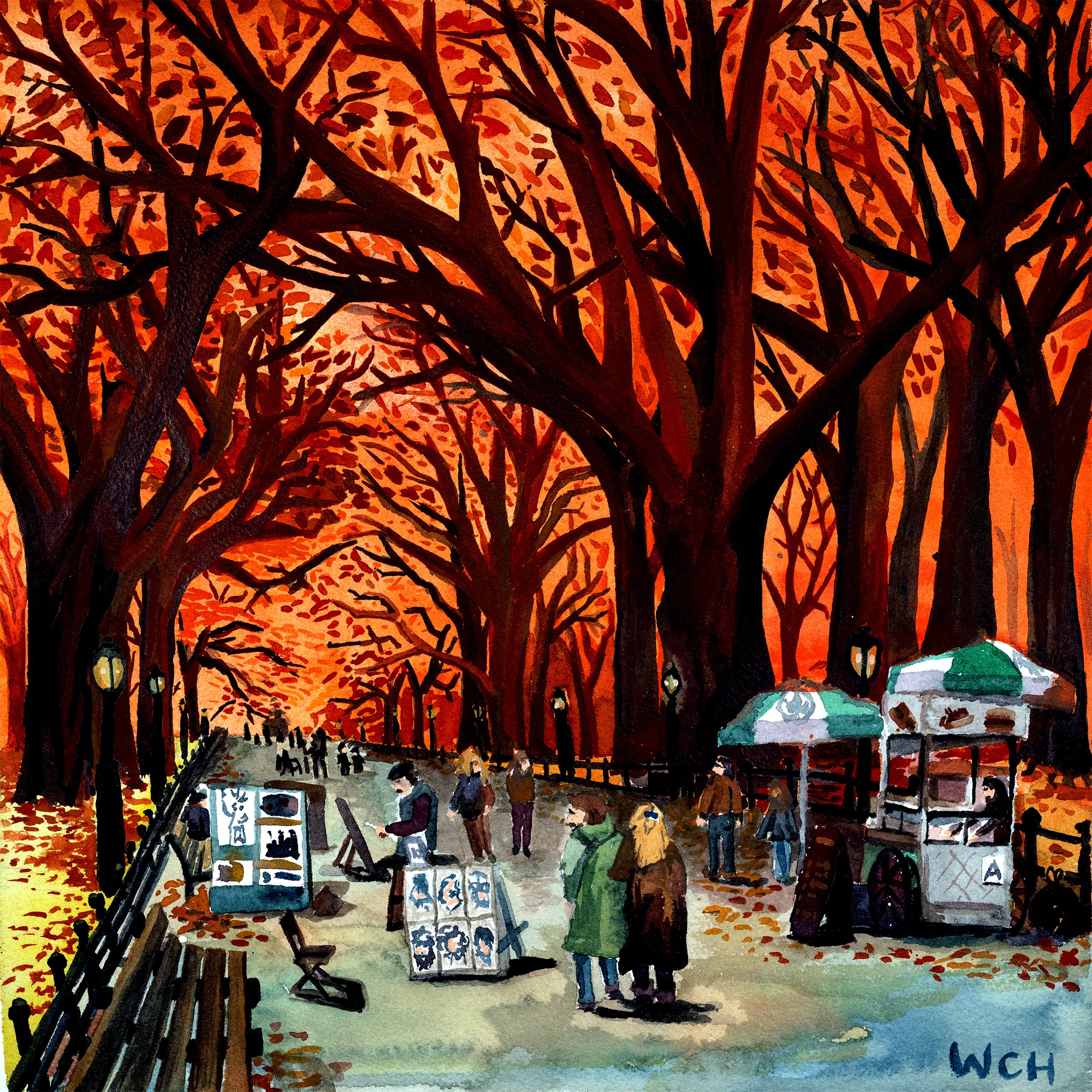 A vibrant watercolor painting of a couple strolling down Central Park's mall under a canopy of orange and red leaves.