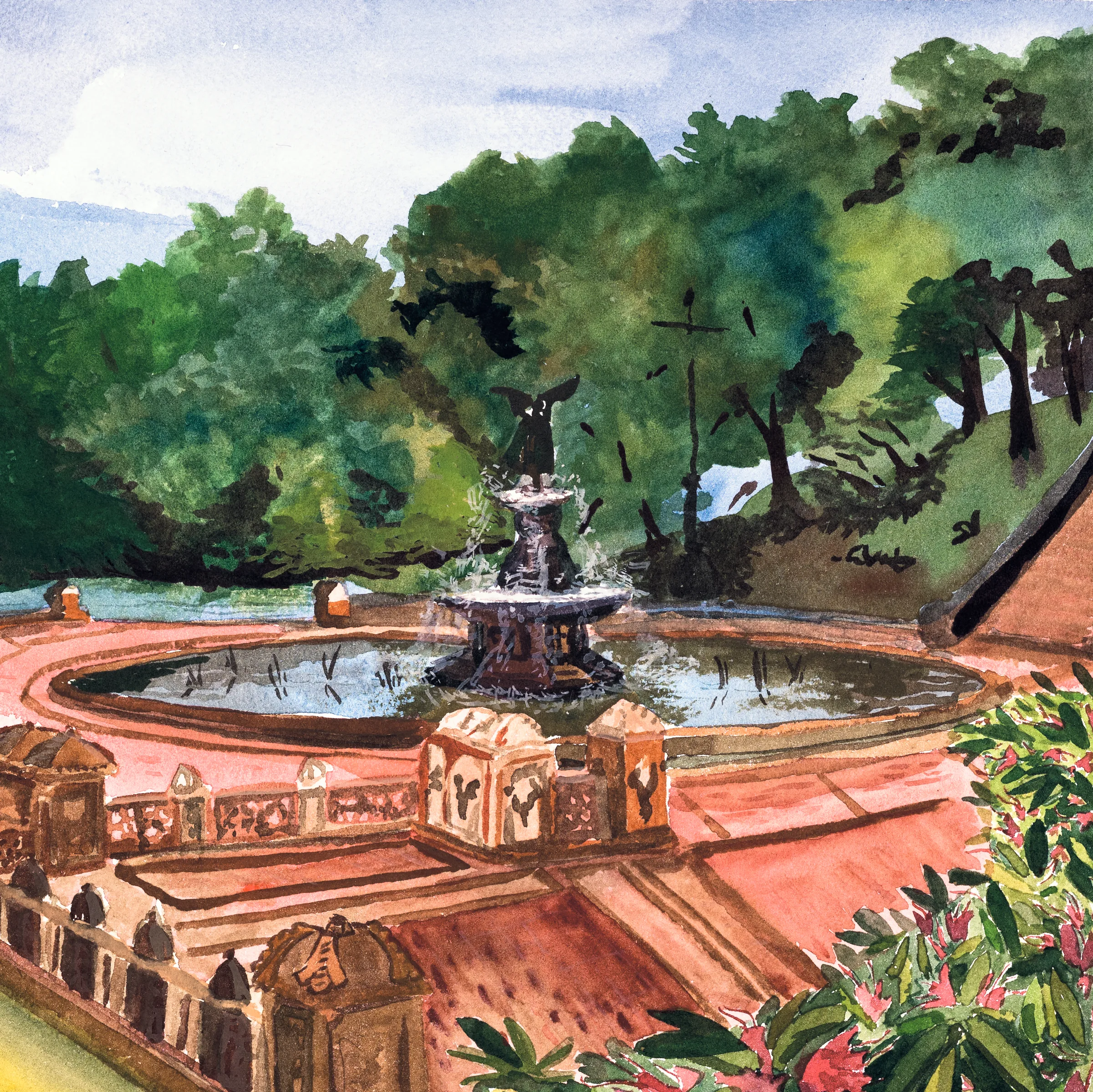 A watercolor of Bethesda Fountain in Central Park