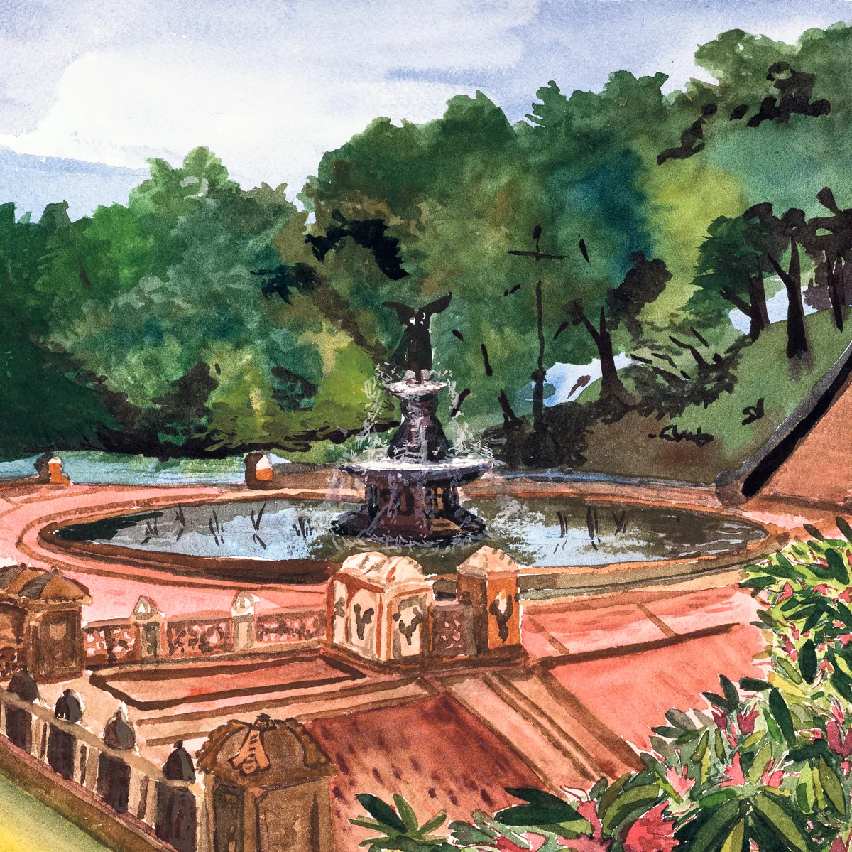 A watercolor of Bethesda Fountain in Central Park