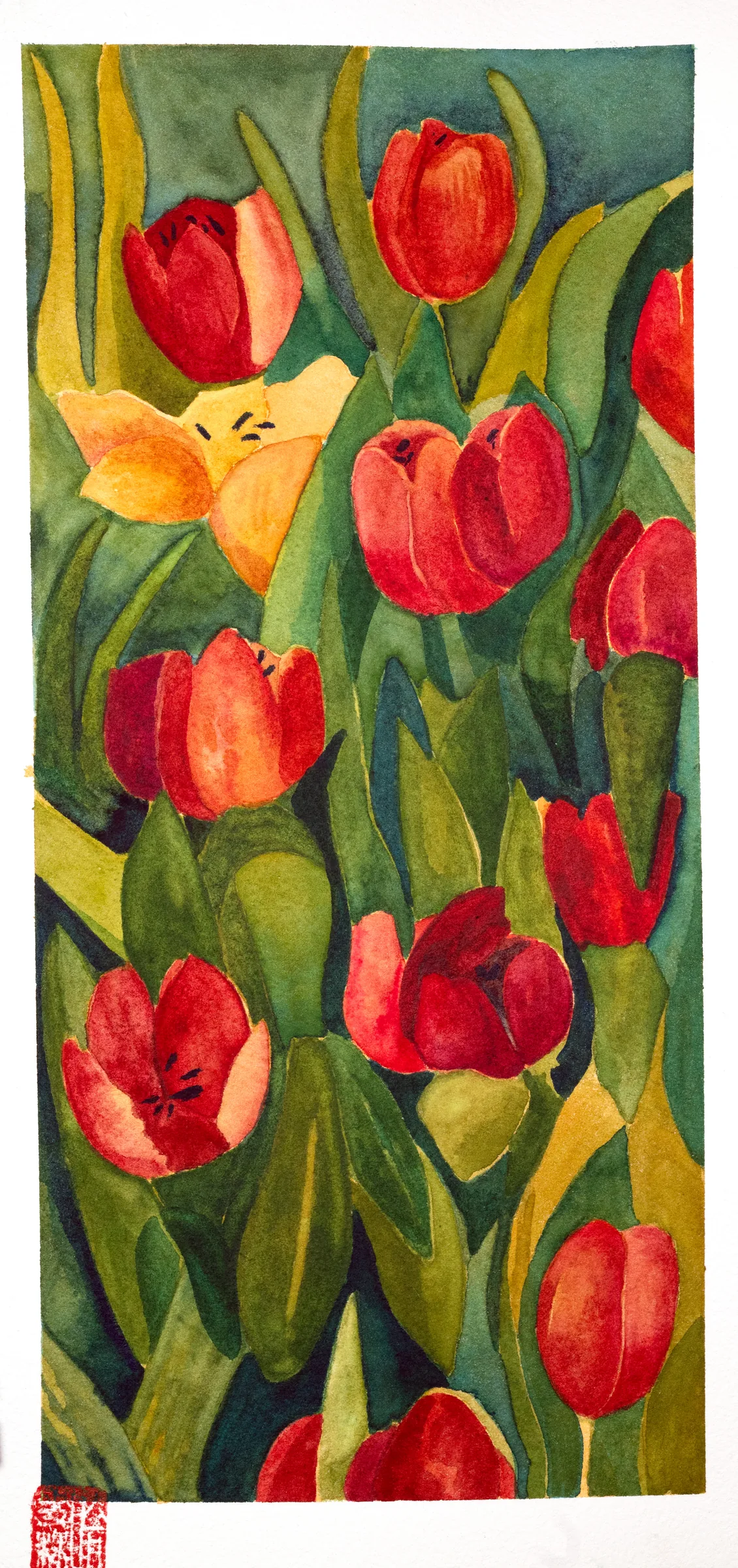 A watercolor of red and yellow tulips in bloom