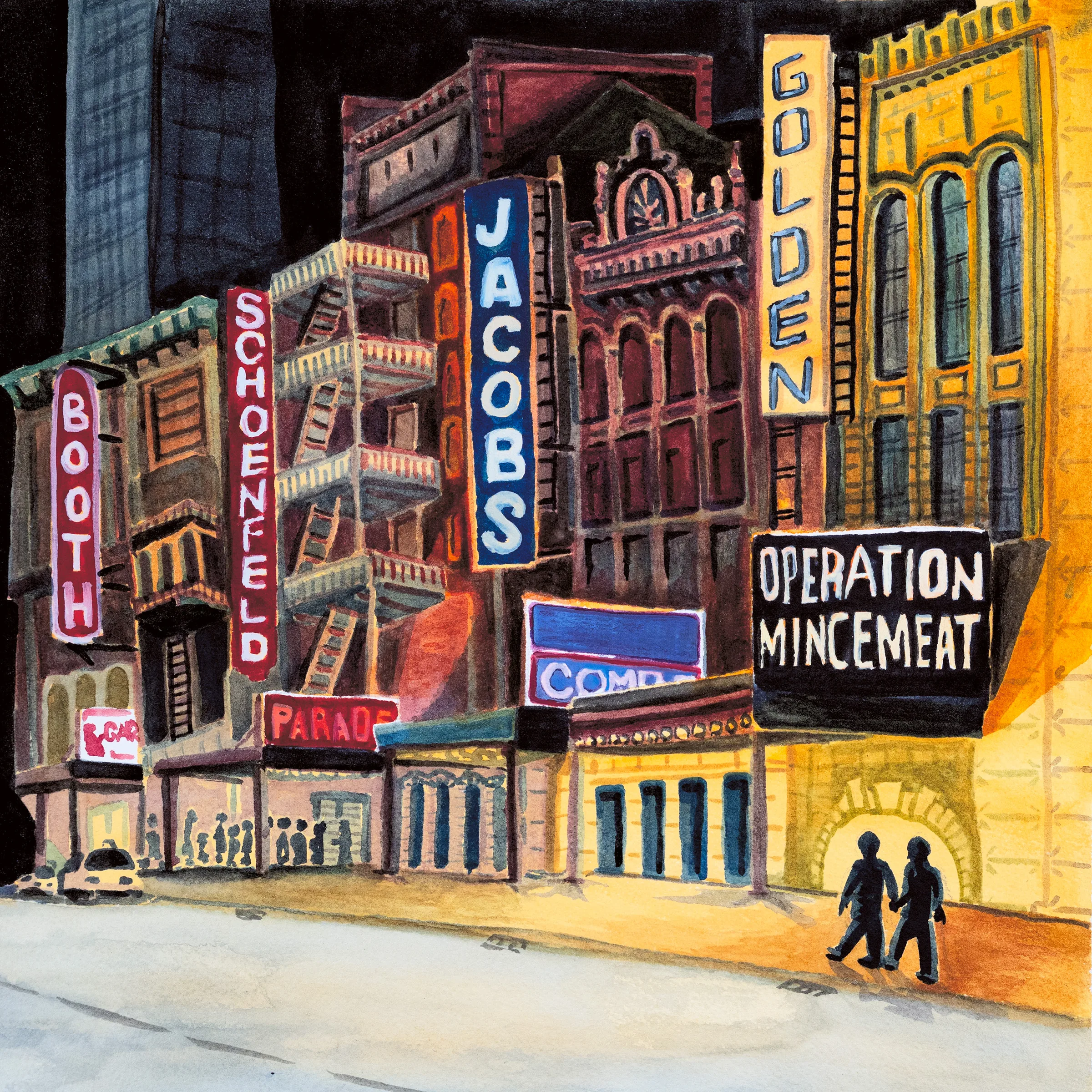 A couple walking along a row of Broadway show marquees