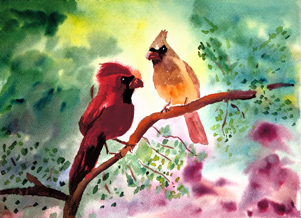 A watercolor of two cardinals perched on a branch in front of an abstract background