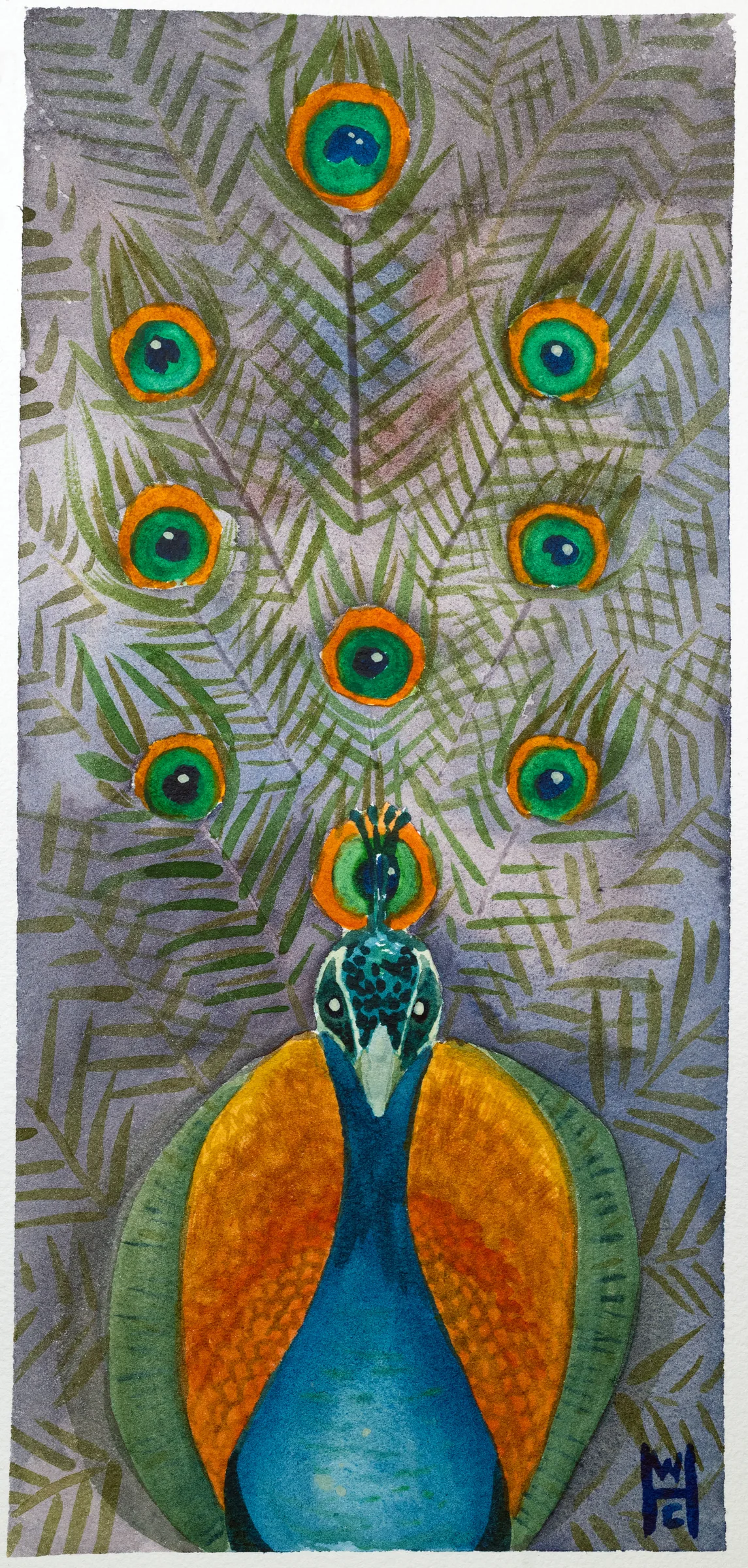 A watercolor of a curious peacock facing head-on with 9 eyes