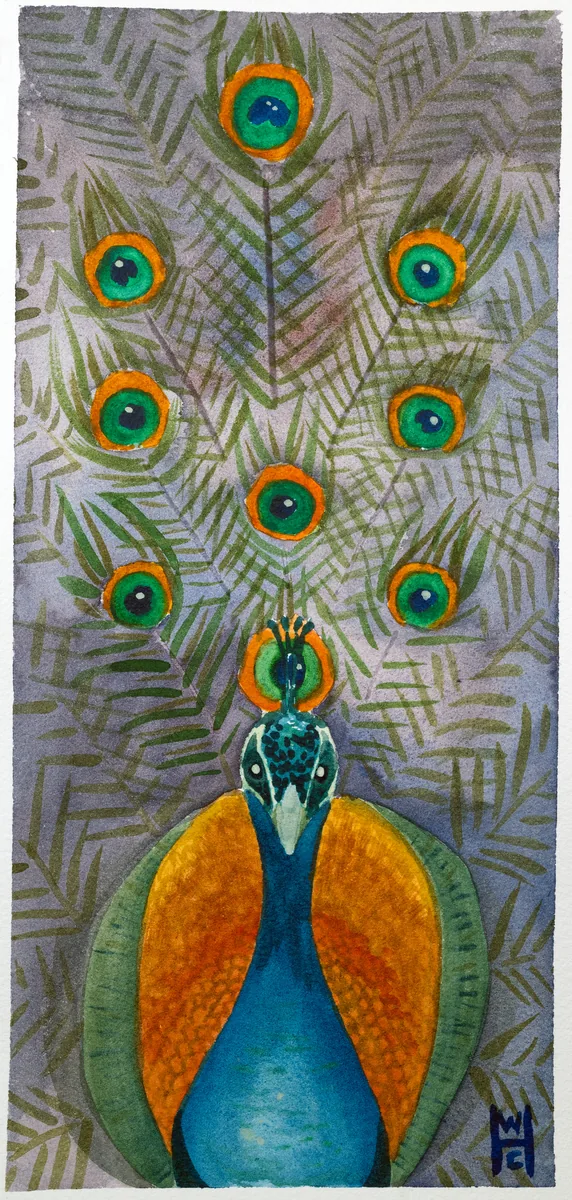 A watercolor of a curious peacock facing head-on with 9 eyes
