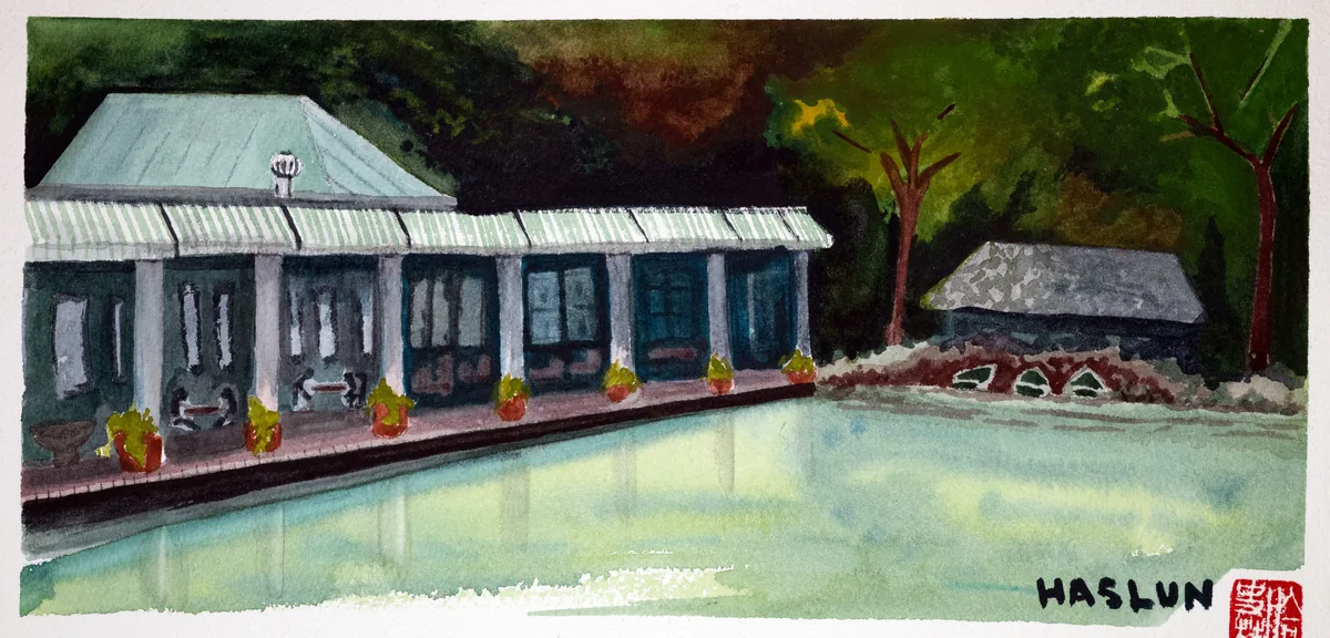 A watercolor of Central Park's Boathouse