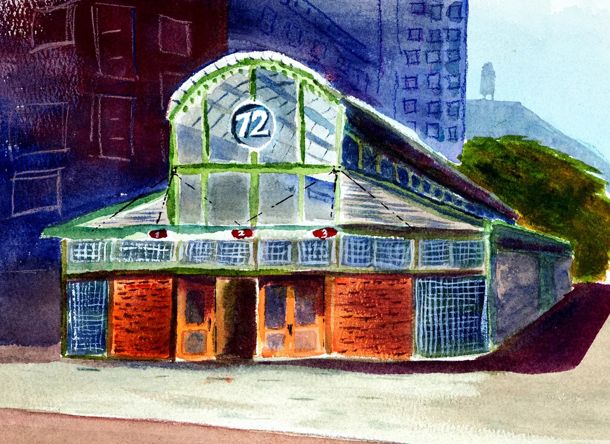A colorful watercolor painting of a subway station.