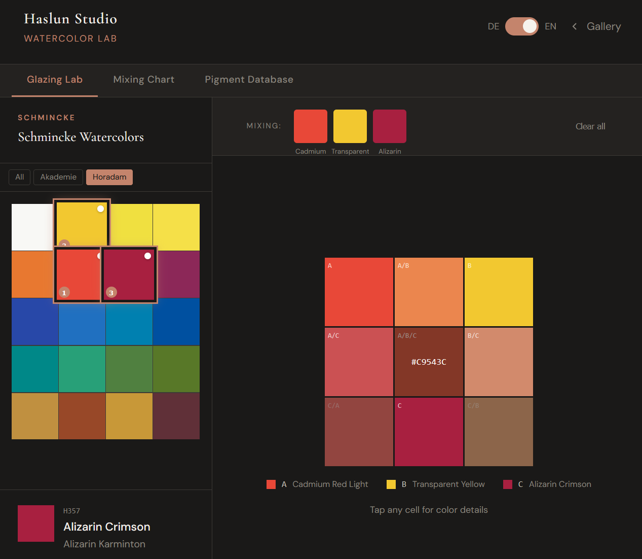 Glazing Lab — select up to three Schmincke pigments and see all layer combinations