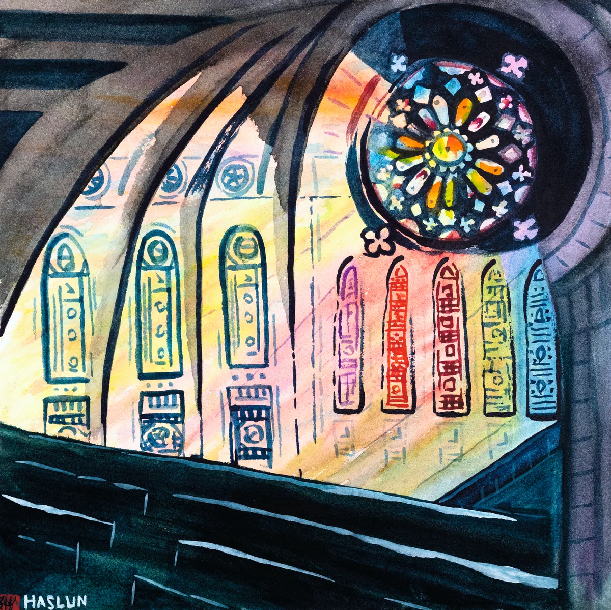 A watercolor of light streaming through a rose window in a church