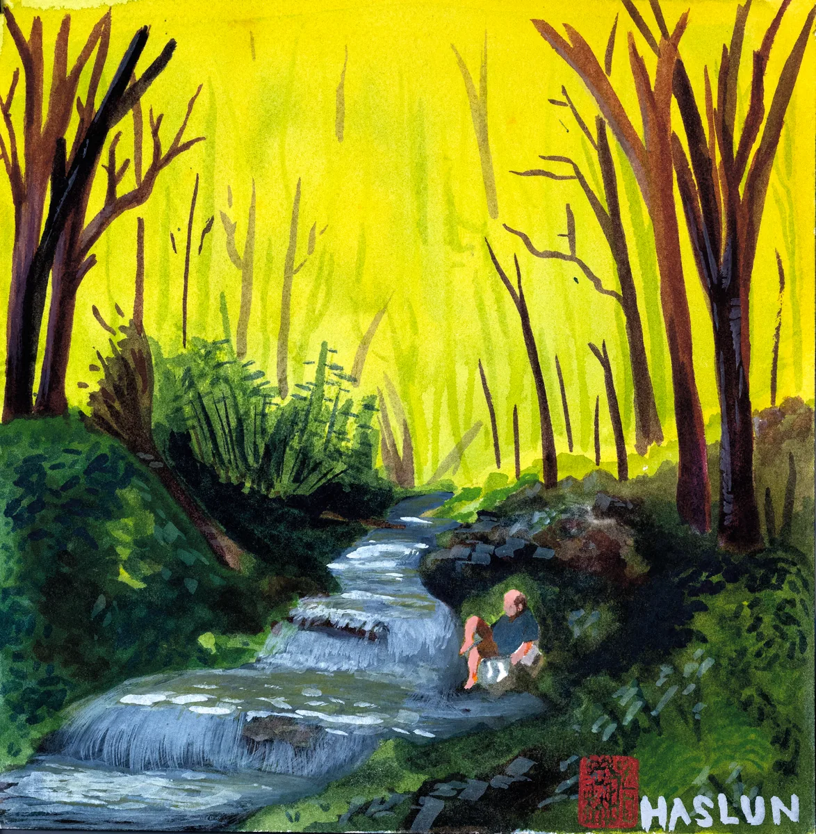 An acidic green-yellow watercolor of a man dipping his feet into a forest creek