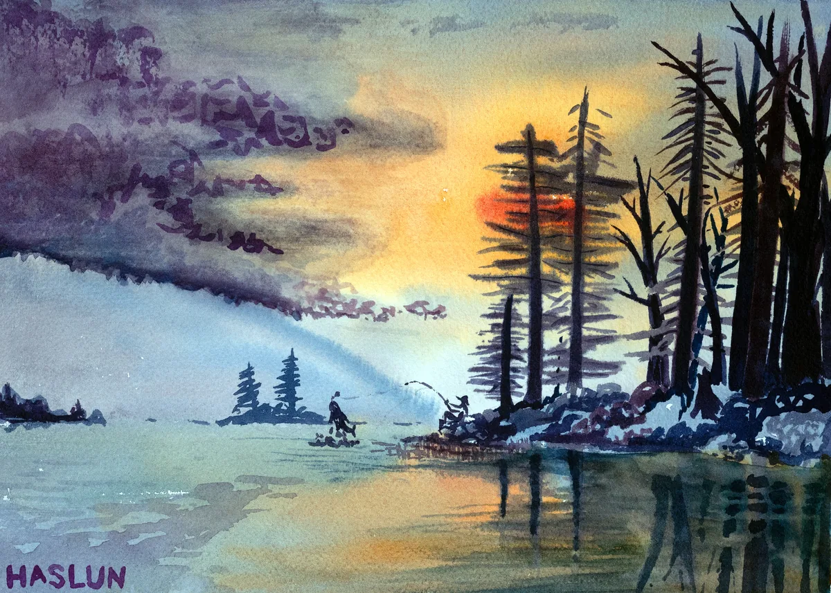 A watercolor of a man fishing the Adirondack lakes as a storm rolls in