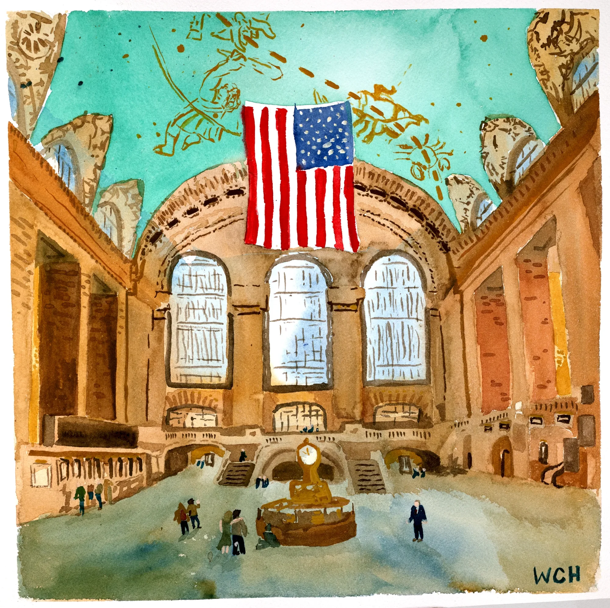 A watercolor painting of an American flag hanging over Grand Central Terminal's main concourse