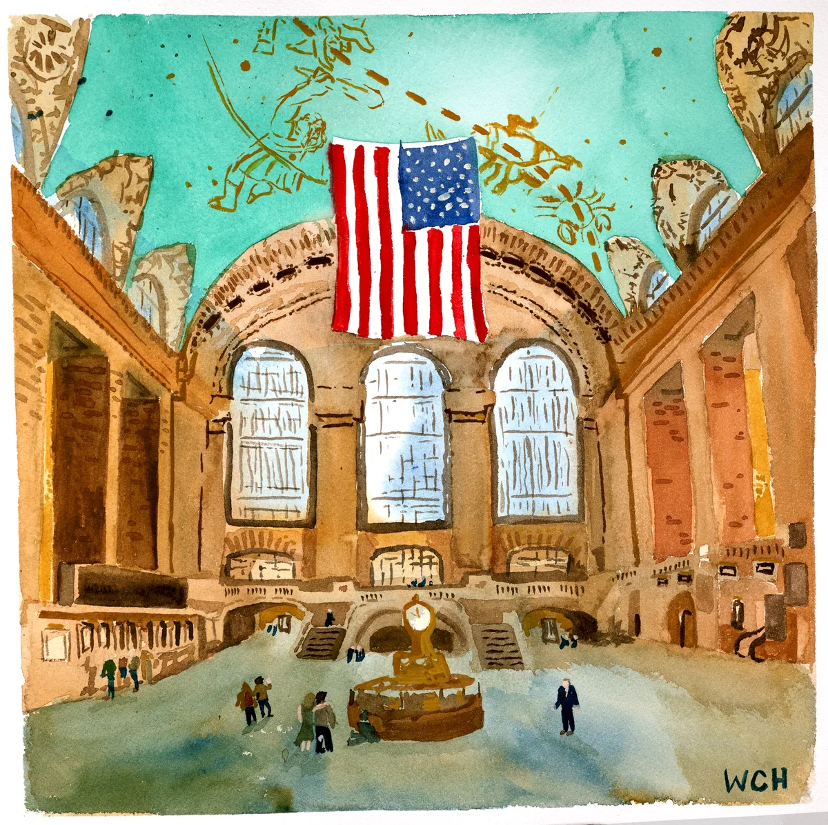 A watercolor painting of an American flag hanging over Grand Central Terminal's main concourse