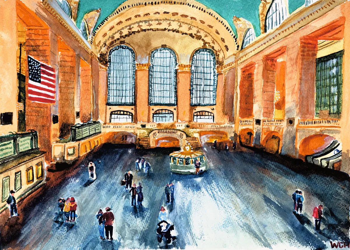 A watercolor of the main concourse at Grand Central Terminal