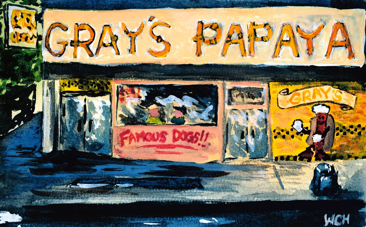 A colorful watercolor of Upper West Side's famous Gray's Papaya hot dog shop