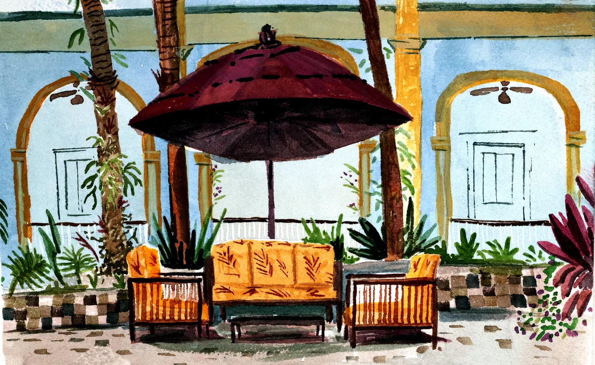 A plein air watercolor painting of a charming Ecudorean patio with yellow cushioned patio furniture and a large red umbrella overhead.