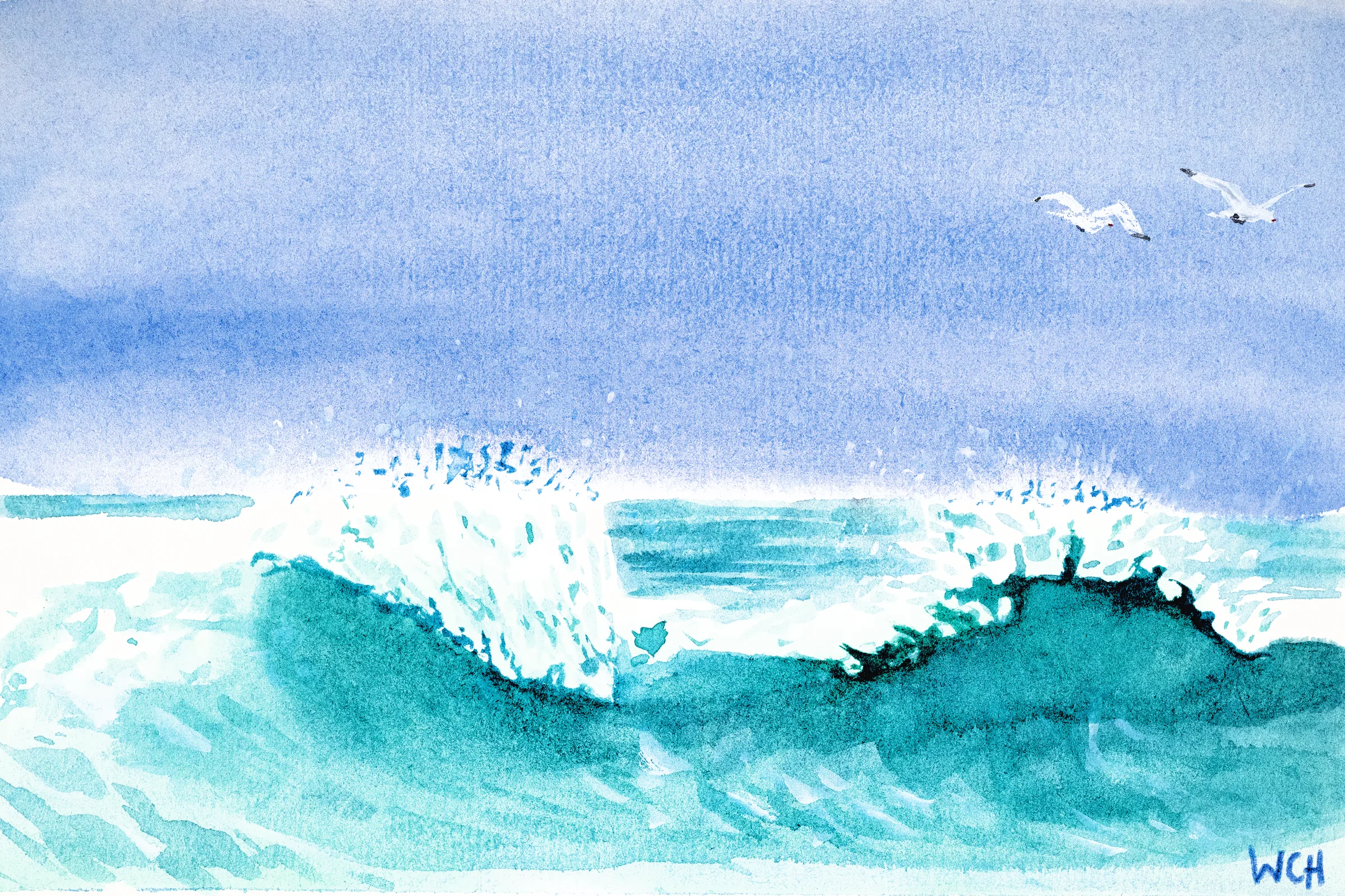 A blue watercolor painting of a wave crashing during stormy seas; two seagulls fly over through the spray.