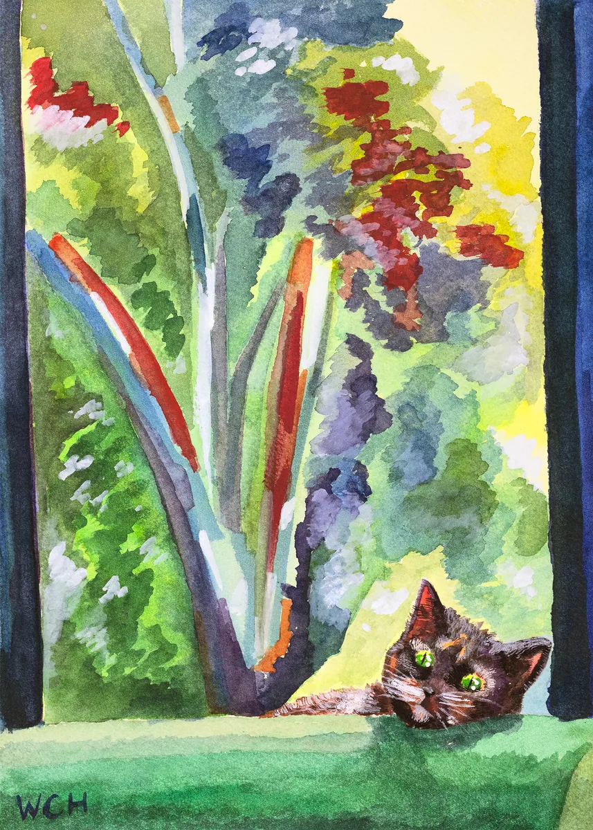 A watercolor painting of a colorful cat resting his head on a green couch in front of a window framing an abstract tree