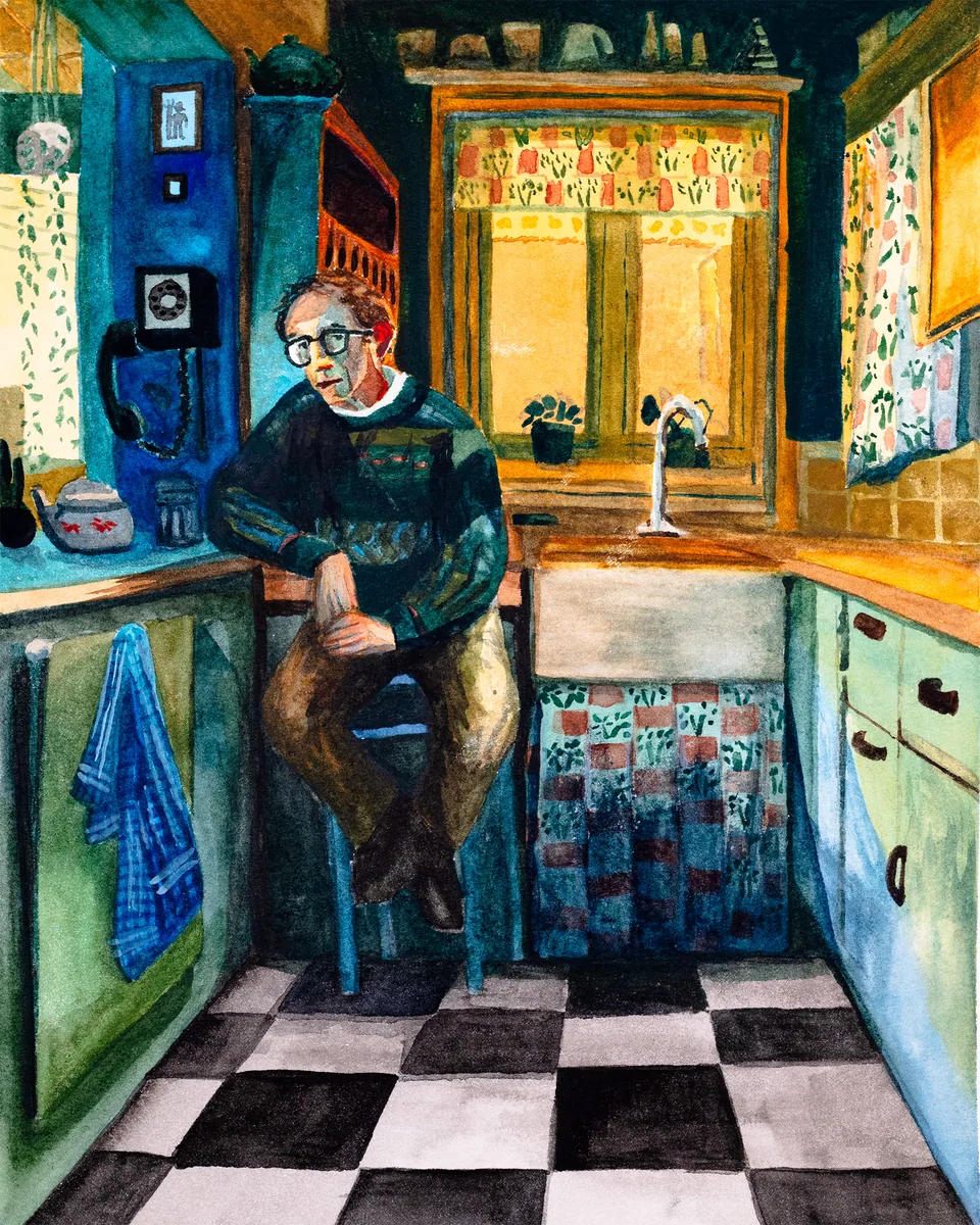 A watercolor of an orange and blue-green kitchen with a man on a stool.