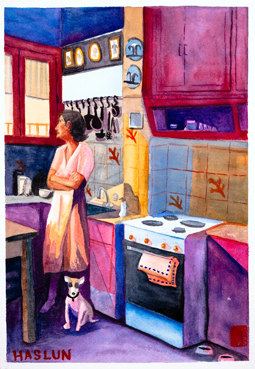 A watercolor of a cool purple kitchen with a woman staring out the window with concern.
