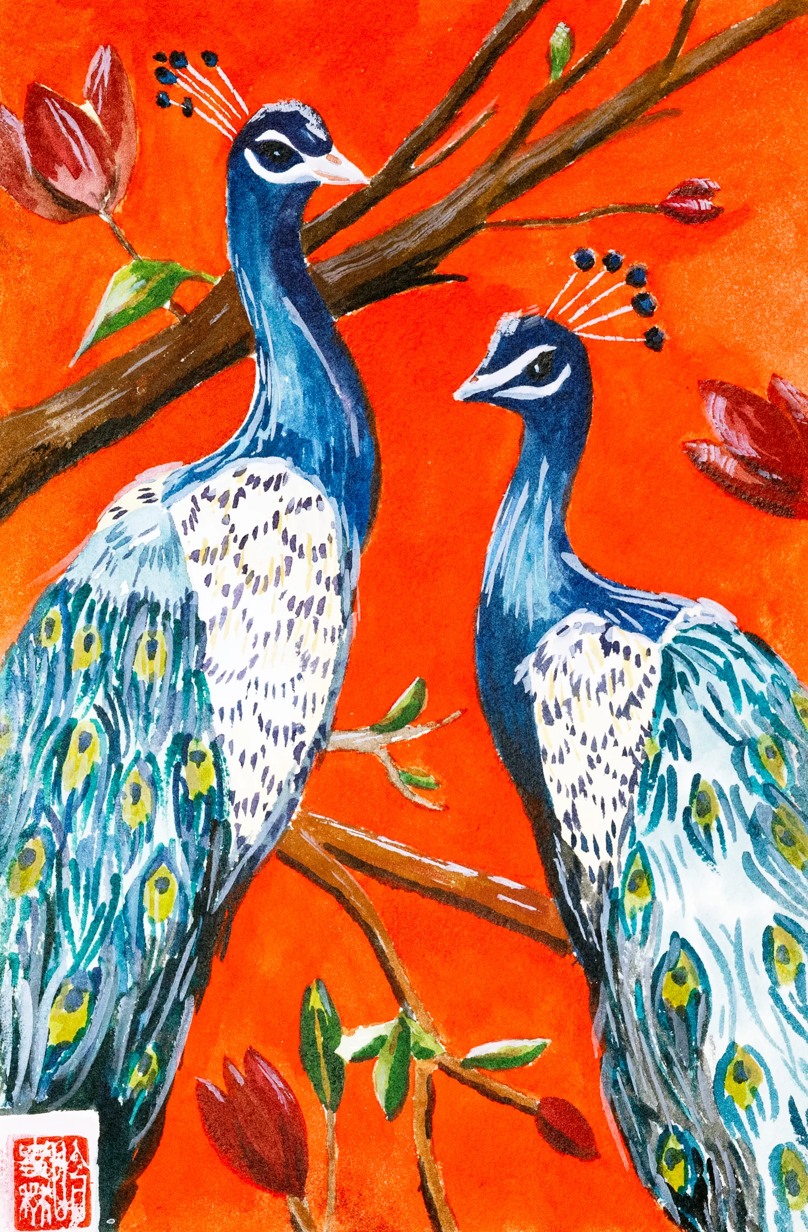 A vibrant fire red background showcases contrasting blue peacocks.