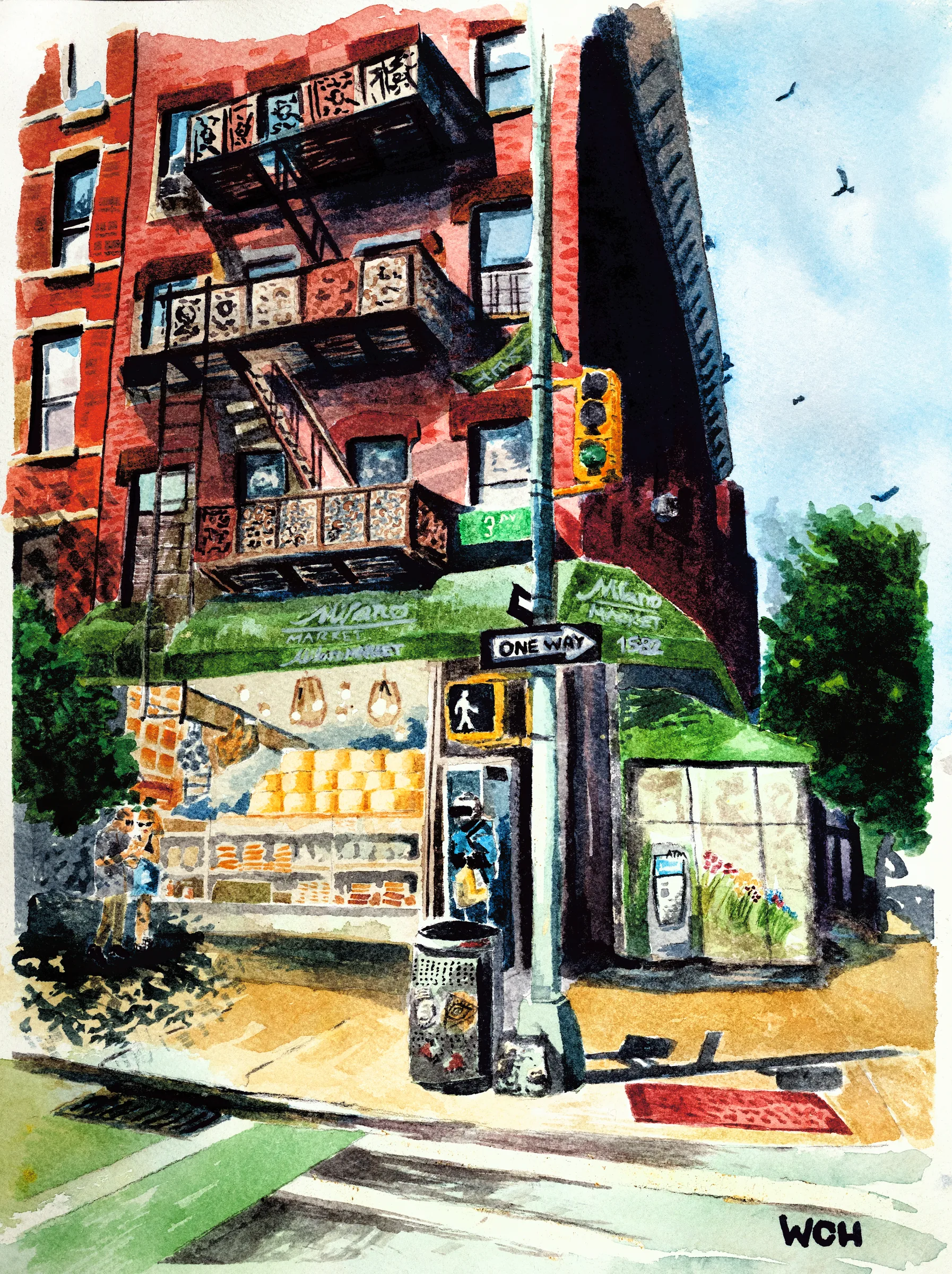 A vibrant watercolor painting of Upper East Side deli Milano Market