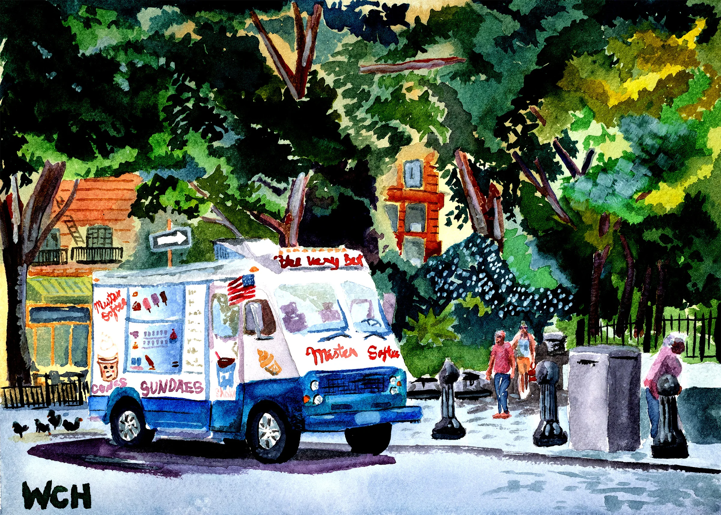 A colorful watercolor painting of a Mister Softee ice cream struck parked under vibrant green trees.