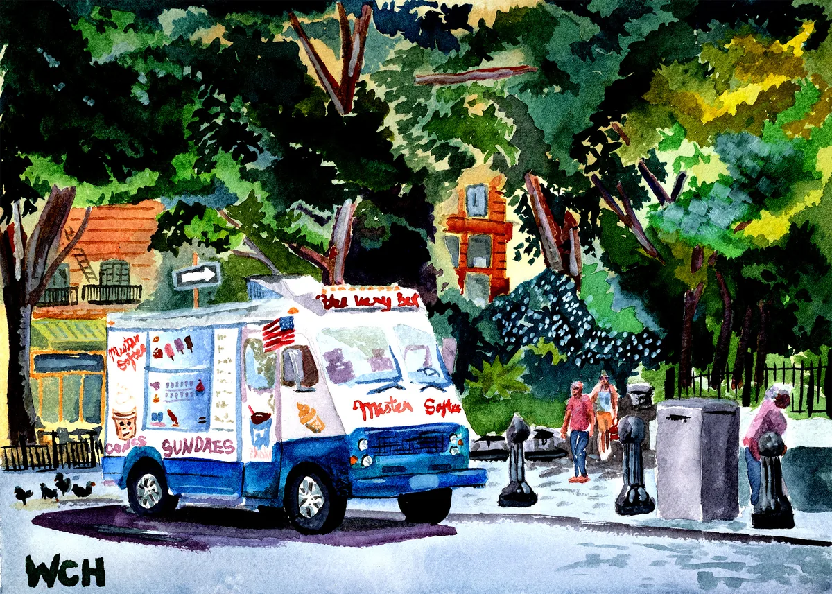 A colorful watercolor painting of a Mister Softee ice cream struck parked under vibrant green trees.