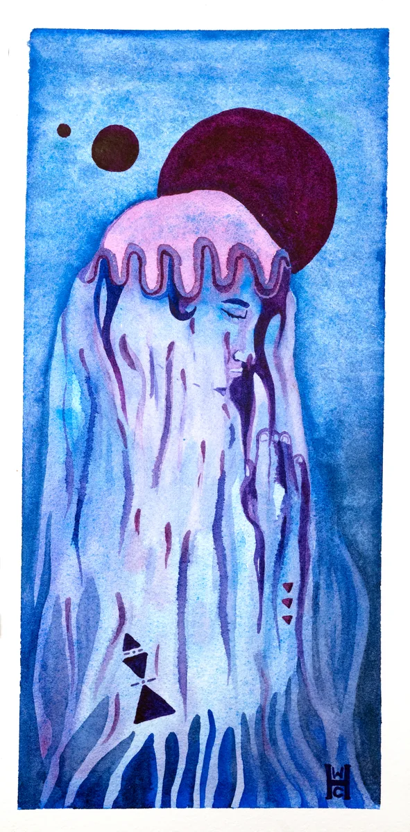 An esoteric watercolor of a jellyfish woman with water glyphs