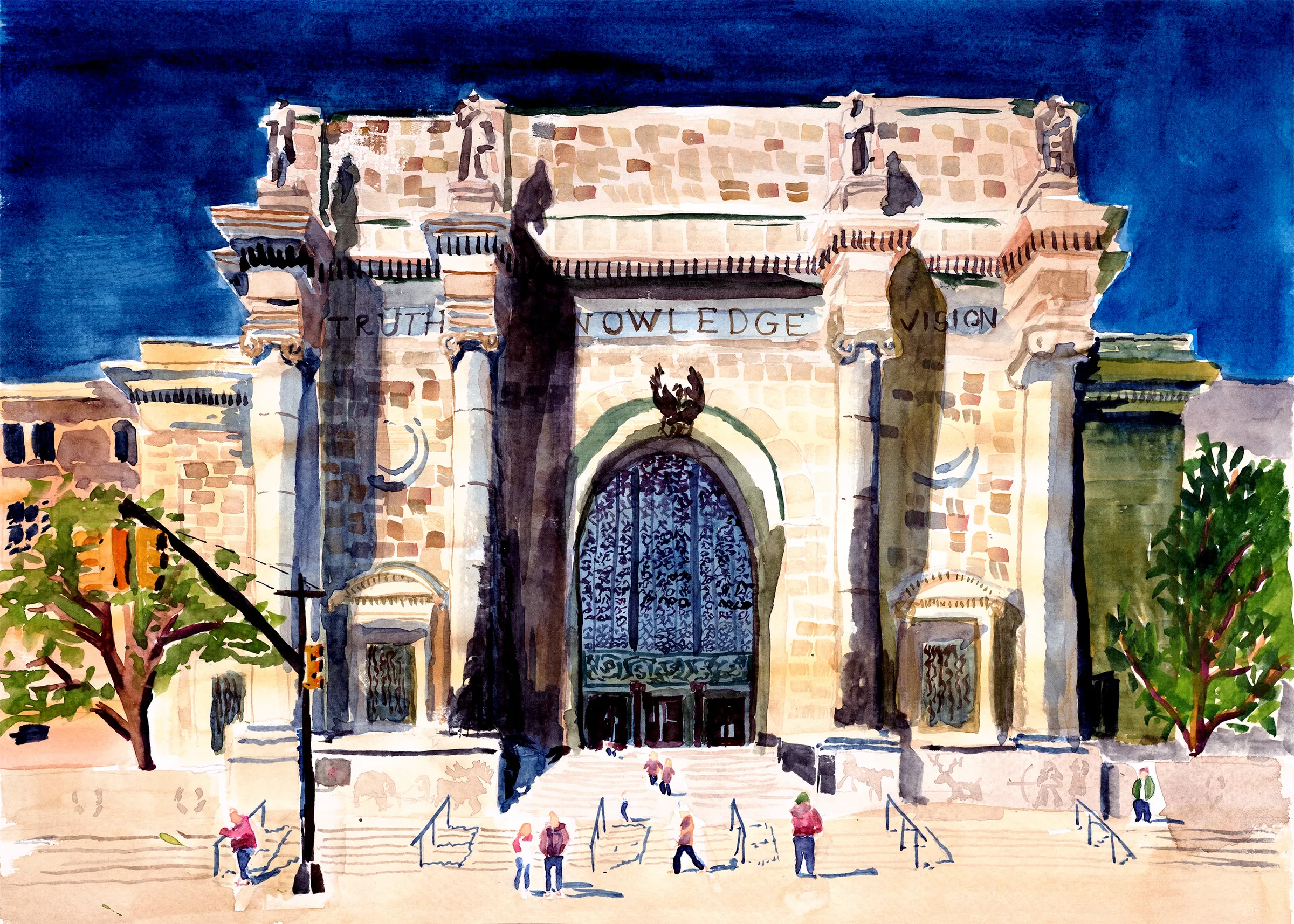 A watercolor painting of the entrance to New York's Natural History Museum.