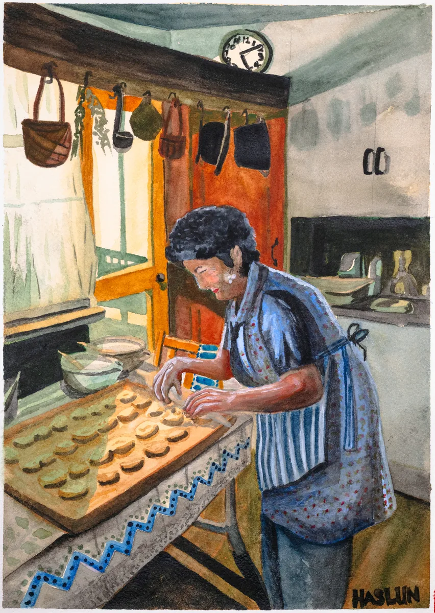A watercolor of an Italian 'Nonna' making homemade pasta in the late afternoon.