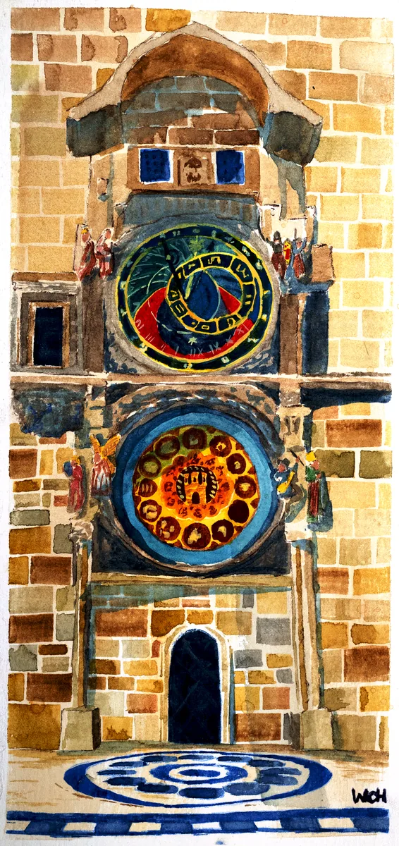 A colorful watercolor painting of Prague's famous and historic astronomical clock