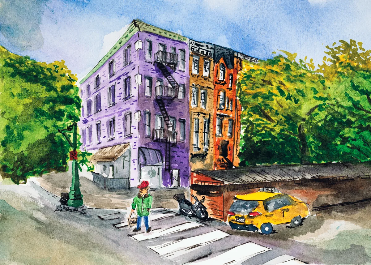 A vibrant watercolor of a man crossing the street in front of a purple brick building.