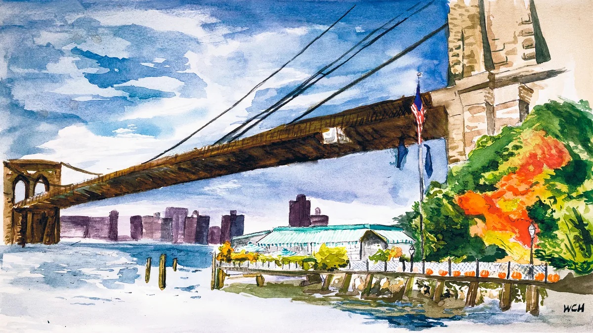A watercolor of the River Cafe tucked under the Brooklyn Bridge