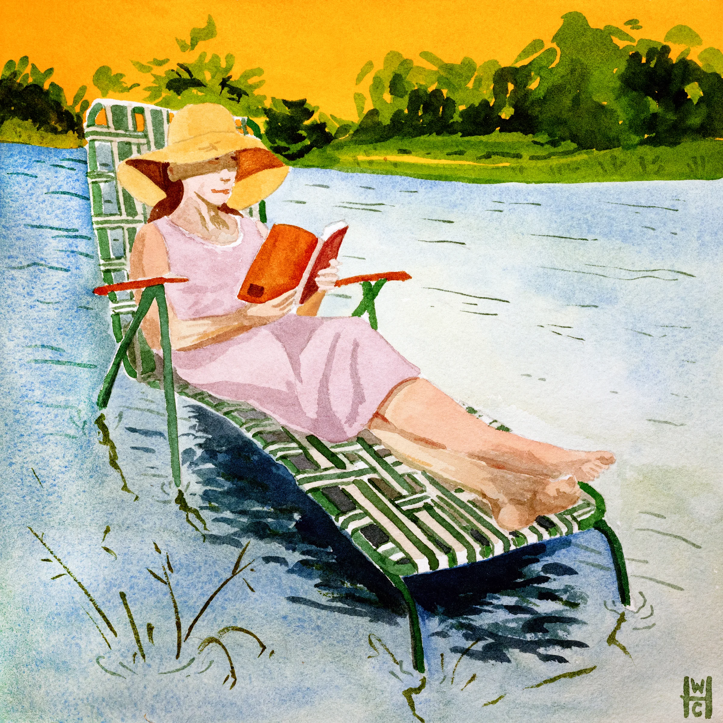 A woman in a lavendar dress reads a book in a lawn chair sitting in a river bed