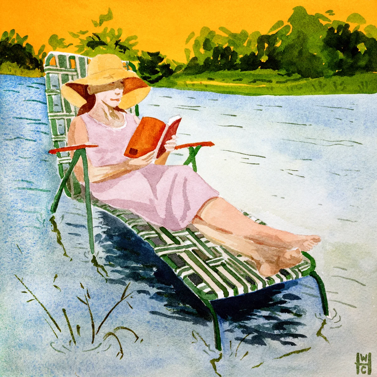A woman in a lavendar dress reads a book in a lawn chair sitting in a river bed