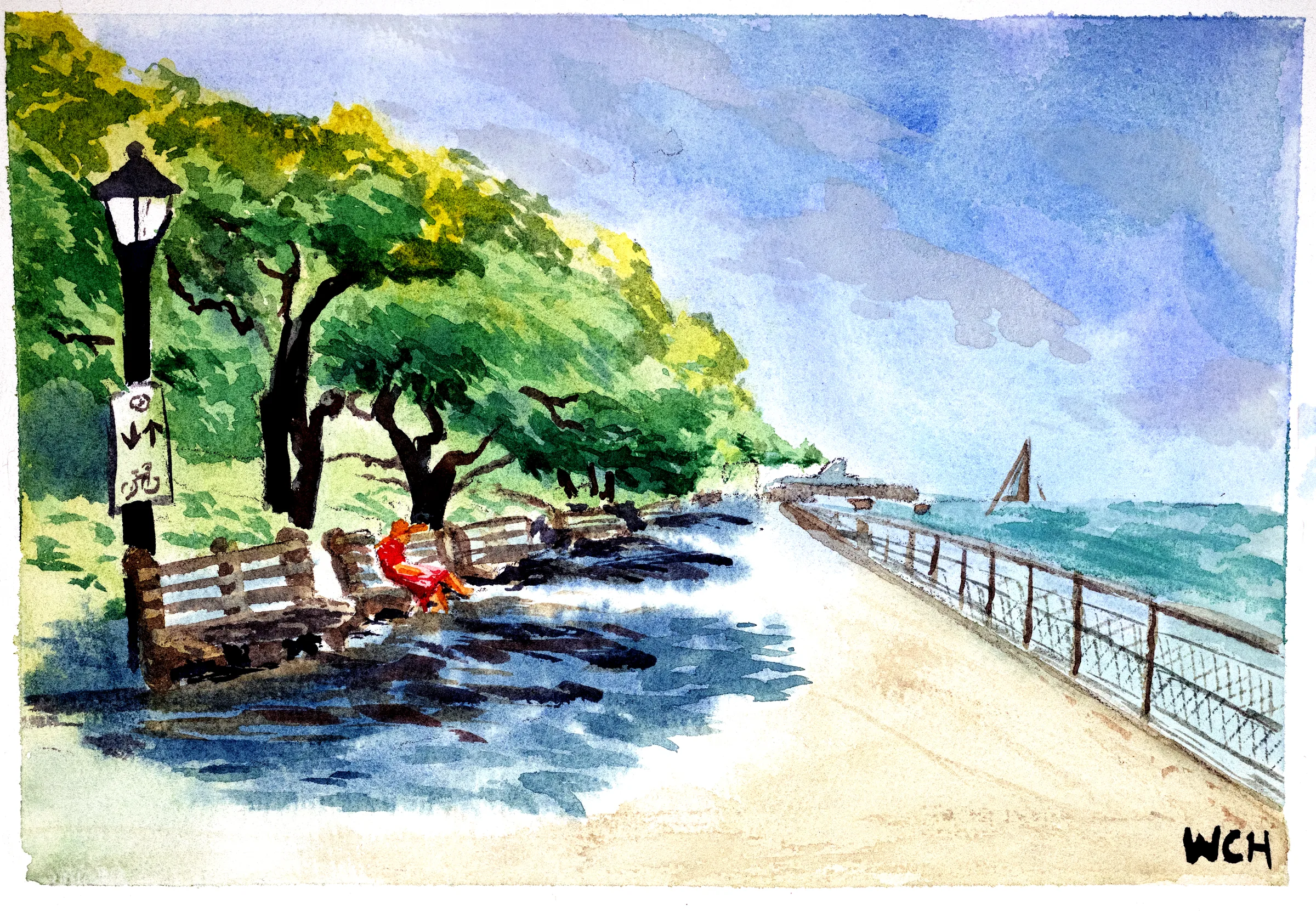 A watercolor painting of a woman in a red dress reading on a bench in the shade while looking out over the Hudson River