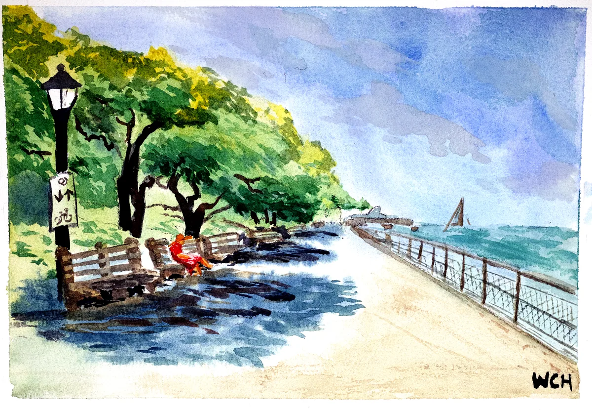 A watercolor painting of a woman in a red dress reading on a bench in the shade while looking out over the Hudson River