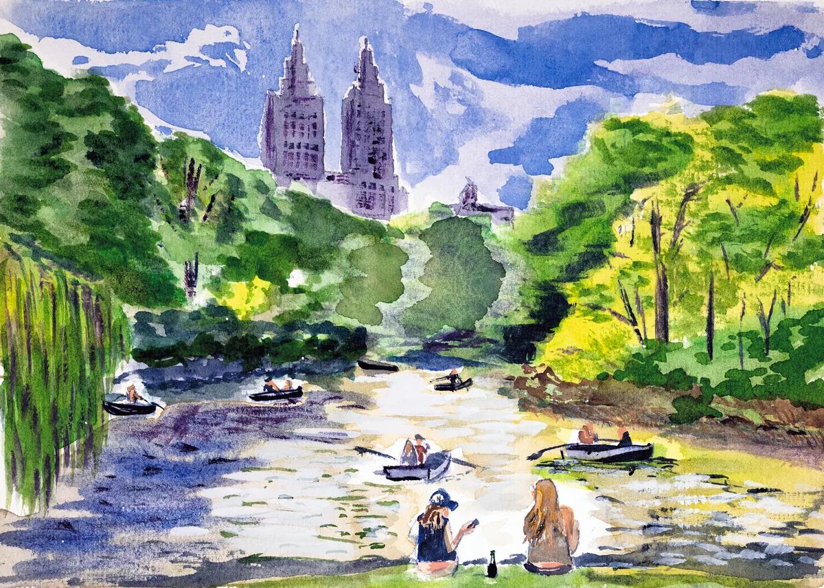 A vibrant watercolor painting of a couple enjoying a picnic with the Central Park pond and San Remo building in the background.