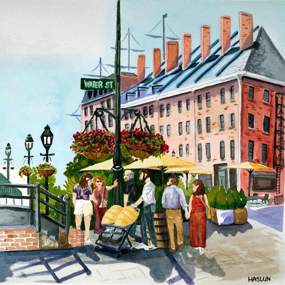 A family visiting the South Street Seaport.