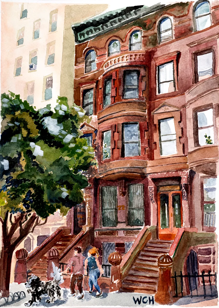 A vibrant watercolor painting of a couple walking their doodle in front of a red brownstone building