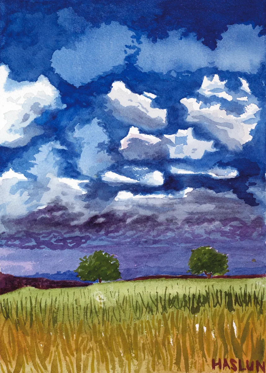 A watercolor of clouds set against a blue sky hanging over a meadow