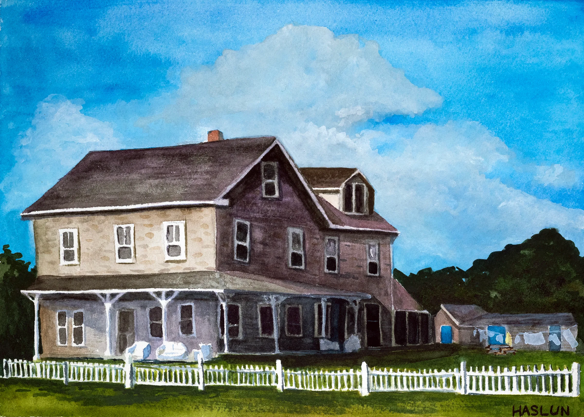 A watercolor of a vacation home on Block Island
