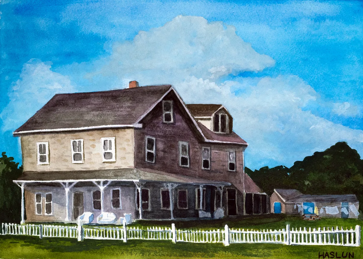 A watercolor of a vacation home on Block Island