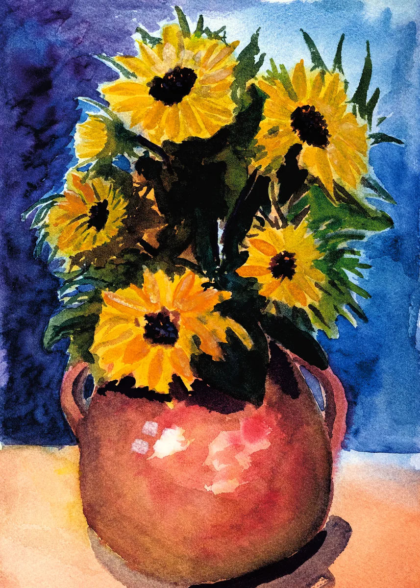A lively bouquet of sunflowers is arranged in a rustic terracotta vase. The background shifts from deep blue to soft pastels, enhancing the bold yellow flowers.